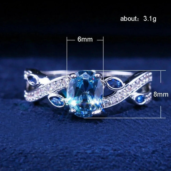 925 Sterling Silver Aquamarine Oval Diamond Ring - Picture 3 of 8